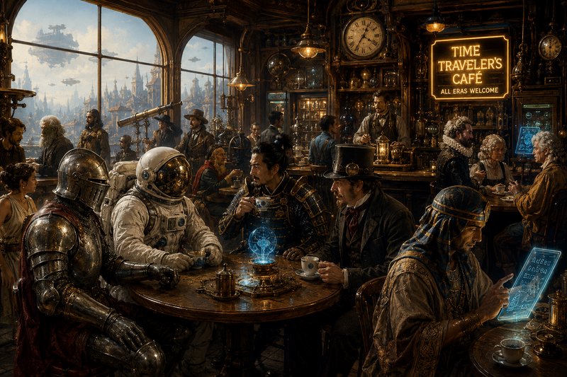 Steampunk Time Traveler's Cafe interior, with diverse cross-era patrons including an astronaut, k...