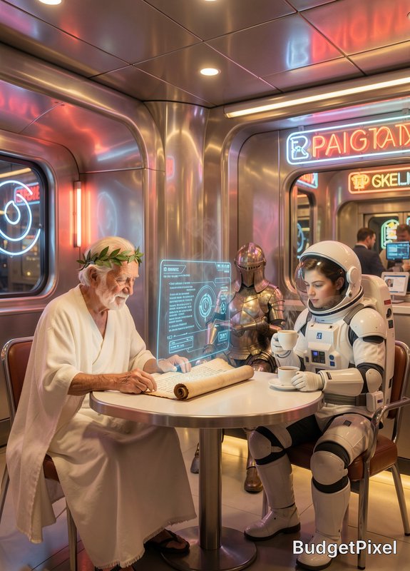 Surreal scene of Greek philosopher, astronaut, and knight at a futuristic neon cafe table with ho...