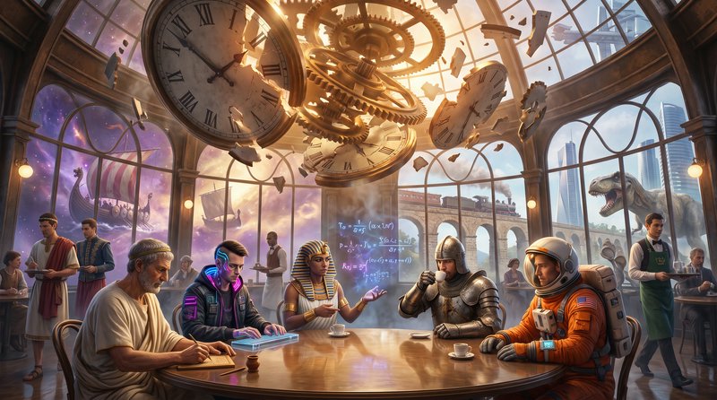 Surreal steampunk cafe scene with cross-era historical and futuristic figures seated at a table, ...