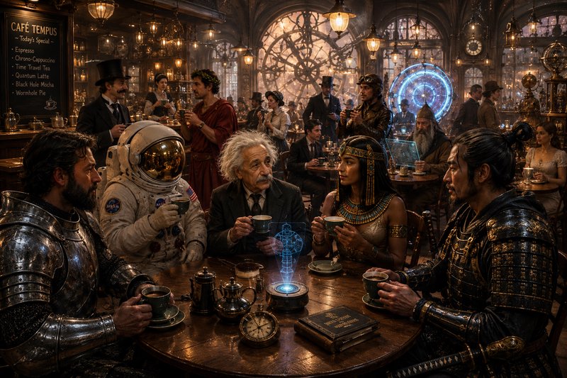 Era-spanning historical and futuristic figures share coffee inside the ornate steampunk Cafe Temp...