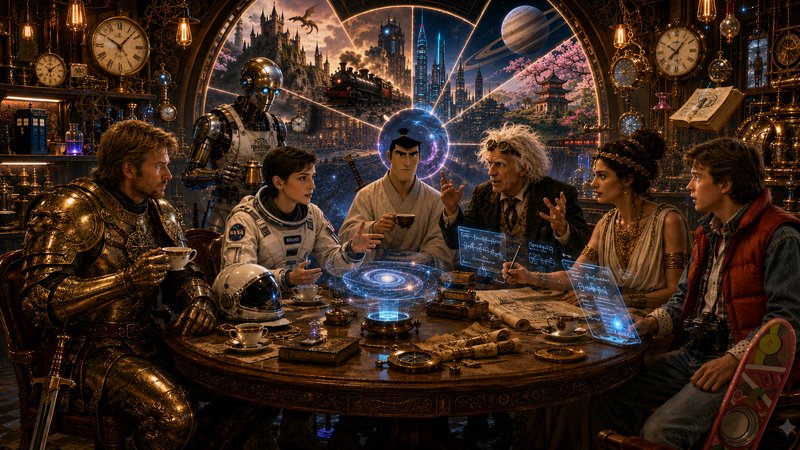 Cross-temporal archetypal character council meeting around a glowing holographic table in an orna...