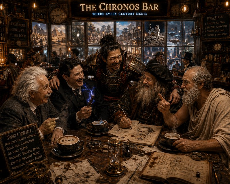The Chronos Bar fantasy scene of famous historical figures from across eras laughing together ove...