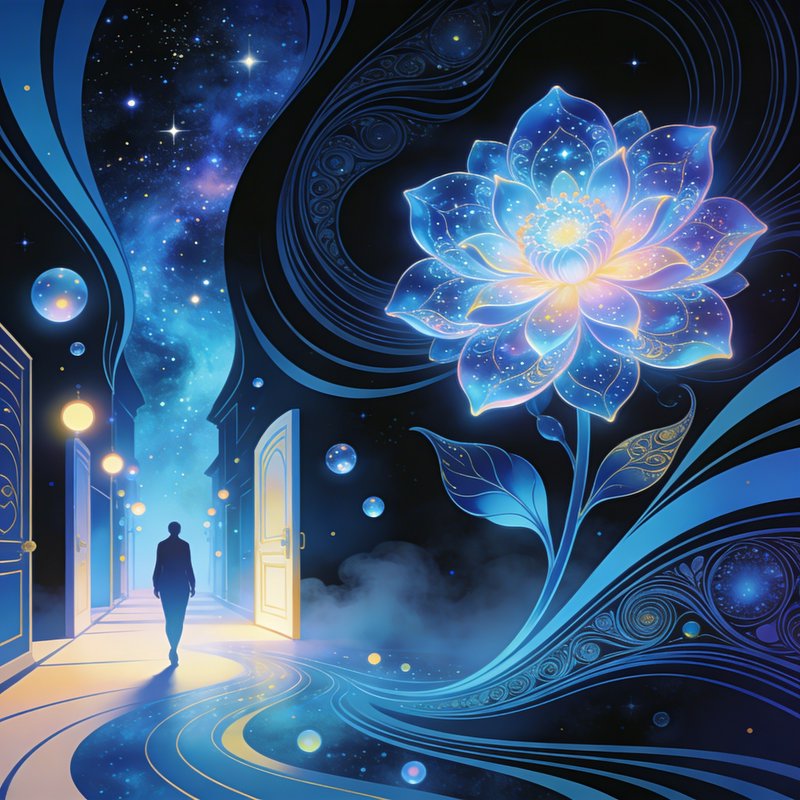 Silhouetted figure walking toward glowing doors in a surreal blue cosmic hallway with a luminous ...