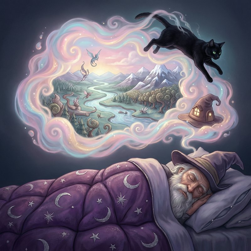Old wizard sleeping in a purple moon-patterned blanket, dreaming a colorful fantasy landscape in ...