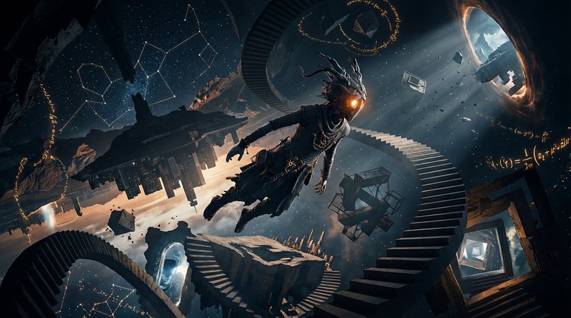 Surreal sci-fi scene of a figure in a spacesuit drifting among spiraling staircases in a cosmic c...