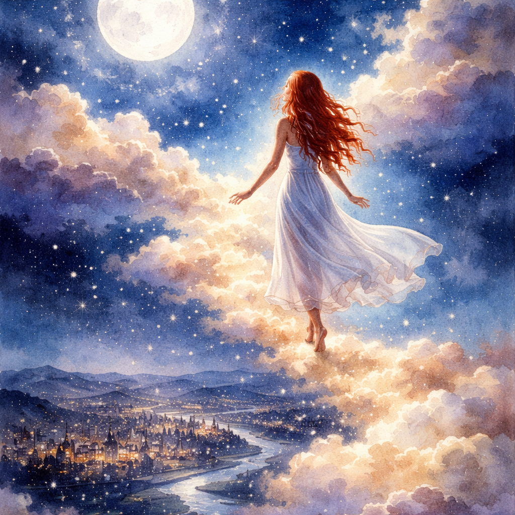 Dream walking over the clouds through a starry night
