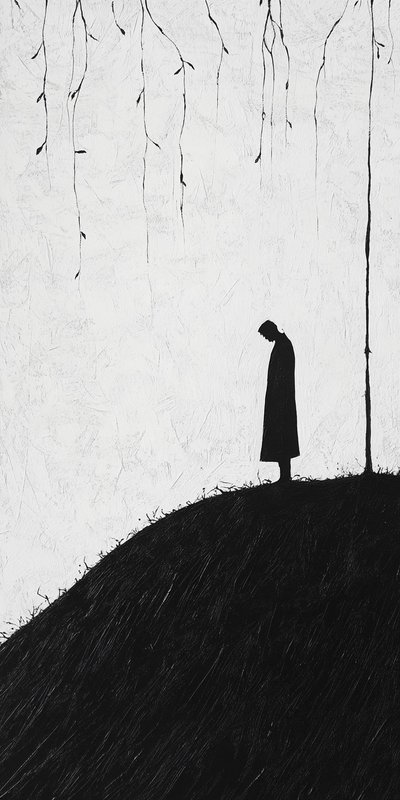 Silhouette of a person in a long coat standing on a hill under bare hanging branches in black and white.
