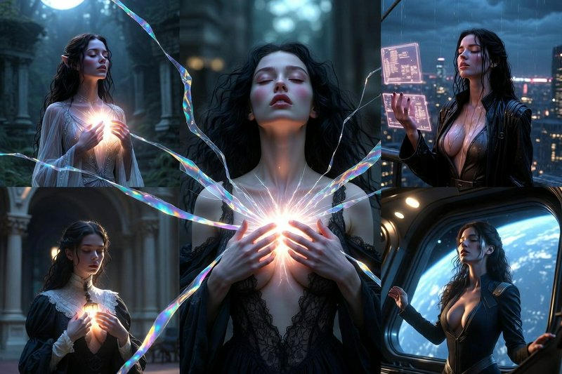 5-panel collage of a dark-haired magical woman manifesting glowing iridescent energy across fanta...