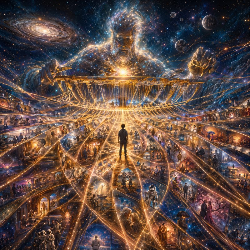 Surreal cosmic fantasy artwork of a giant celestial deity weaving golden life threads, with a lon...
