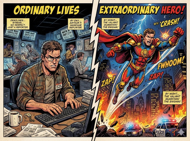 Split retro comic panel contrasting a mild-mannered newspaper reporter at his desk with his caped...