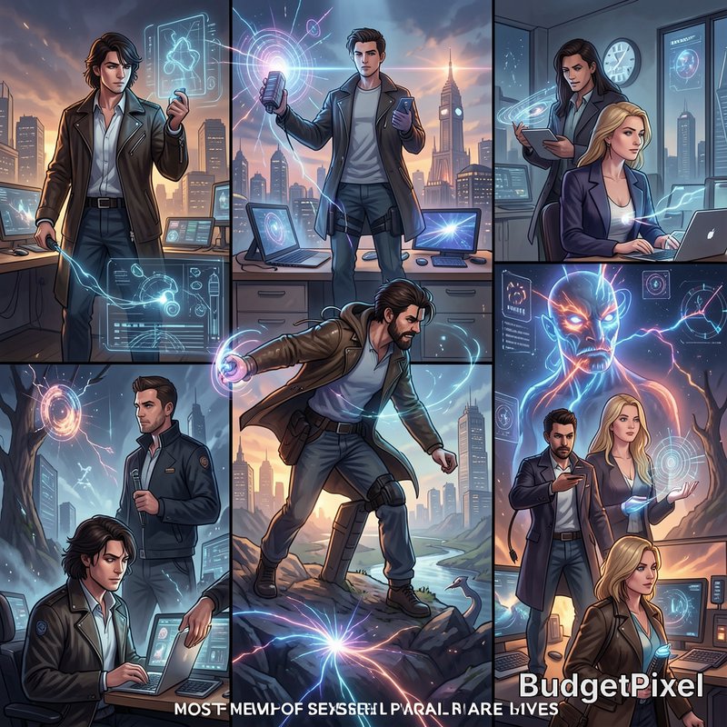Grid of sci-fi comic panels showing paranormal operatives using glowing holographic tech in futur...