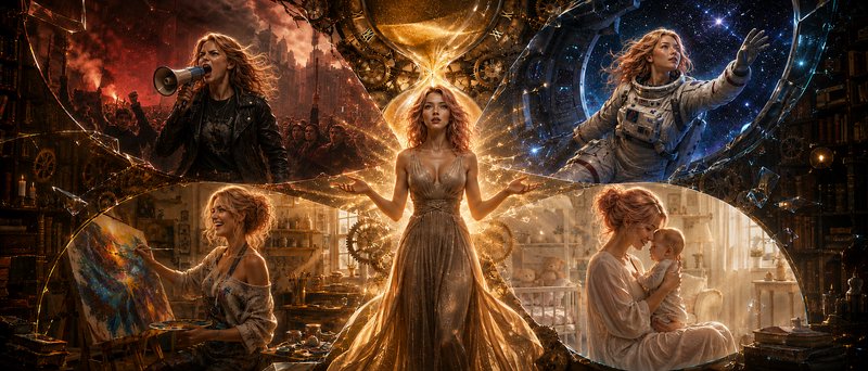 Surreal fantasy collage of parallel female life paths arrayed around a glowing central figure and...