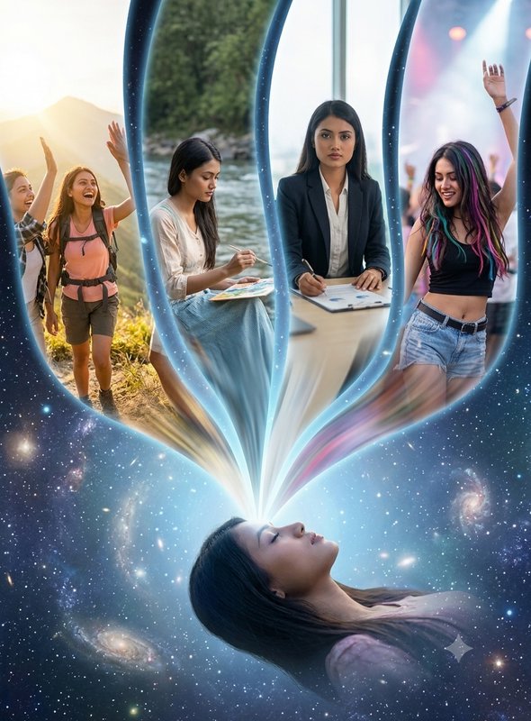 Surreal digital composite of a woman floating in cosmic space, viewing glowing portals showing al...