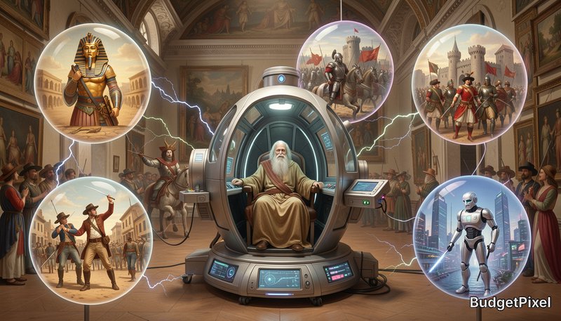 Surreal AI illustration of a robed elder in a futuristic time pod viewing floating historical era...