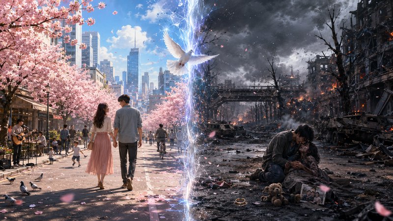 Surreal split city scene: peaceful cherry blossom urban street contrasted with war-torn ruins, di...