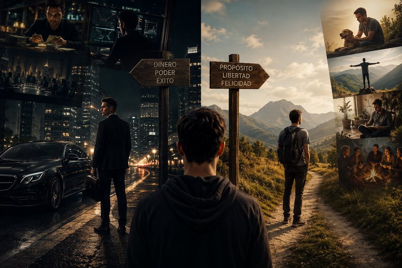 Conceptual crossroads illustration showing a choice between material success and personal happine...