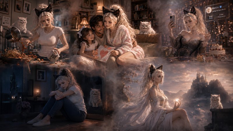 Surreal collage of cat-eared blonde woman across parallel life moments, with recurring grinning f...