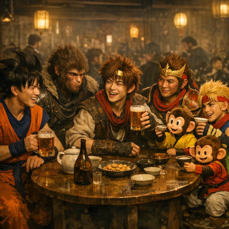 Crossover fan art of Dragon Ball and Sun Wukong franchise characters toasting together at a warm ...