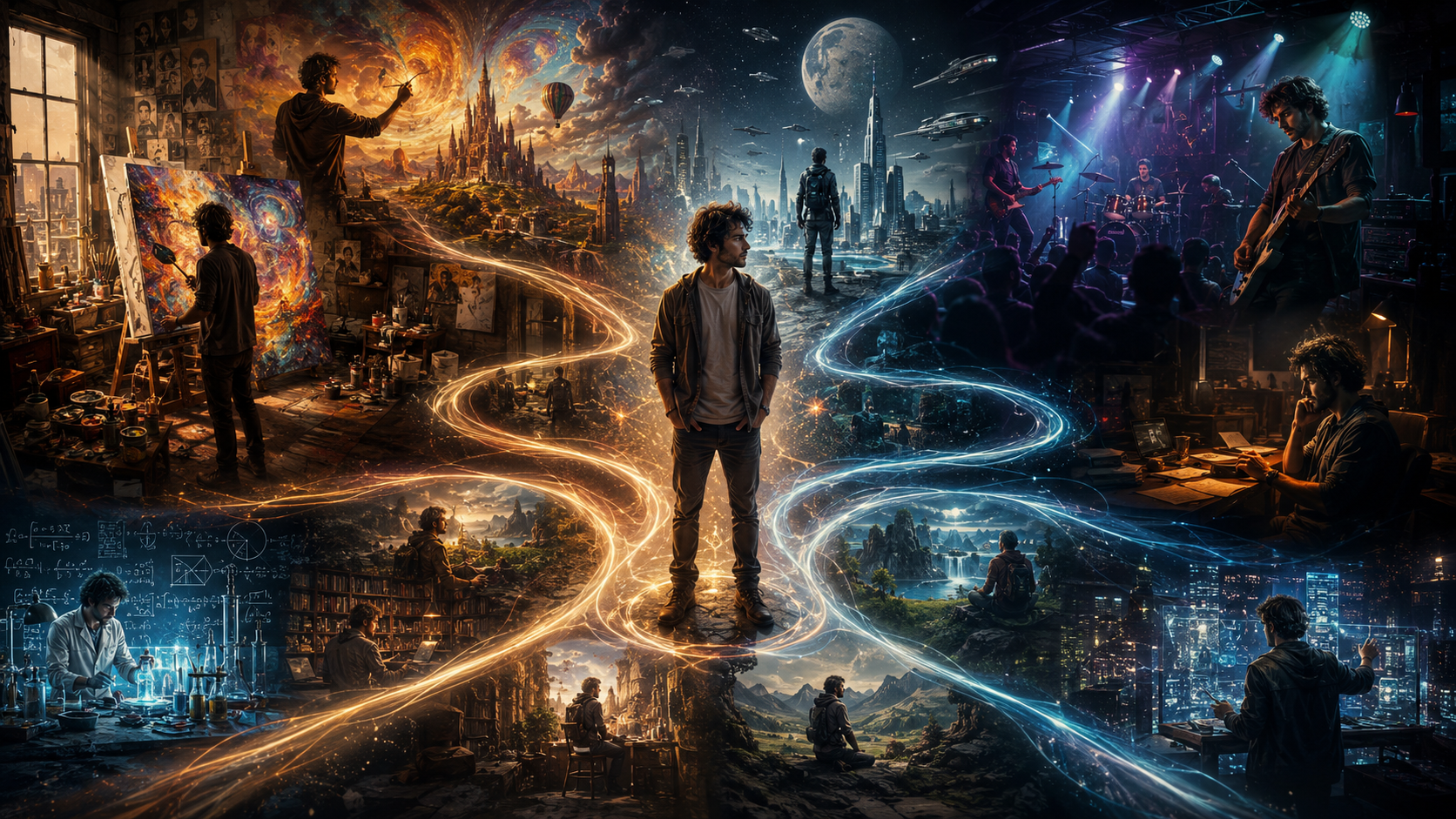 [Surreal cinematic illustration of a man standing at glowing light crossroads showing alternate possible life paths and de...