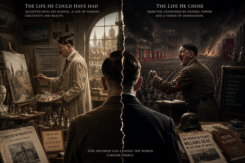 Split diptych illustration contrasting two paths for Adolf Hitler: peaceful art career vs brutal ...