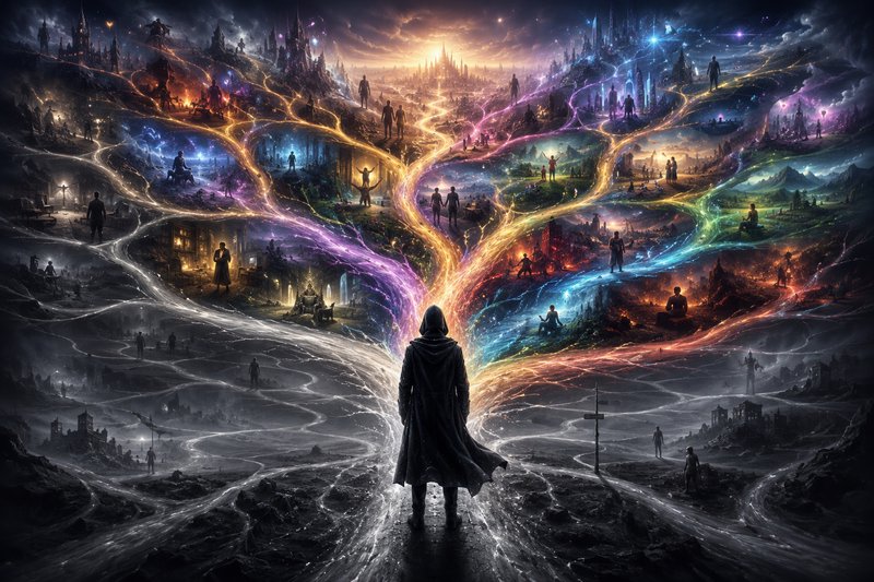 Hooded cloaked figure stands before branching glowing multiverse paths showing alternate timeline...