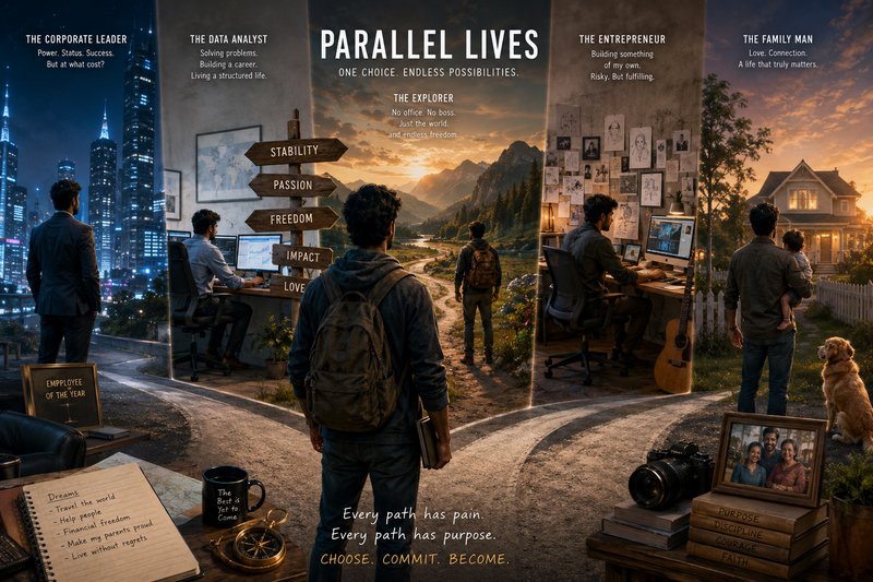 Conceptual Parallel Lives poster showing a man at a crossroads between five alternate career and ...