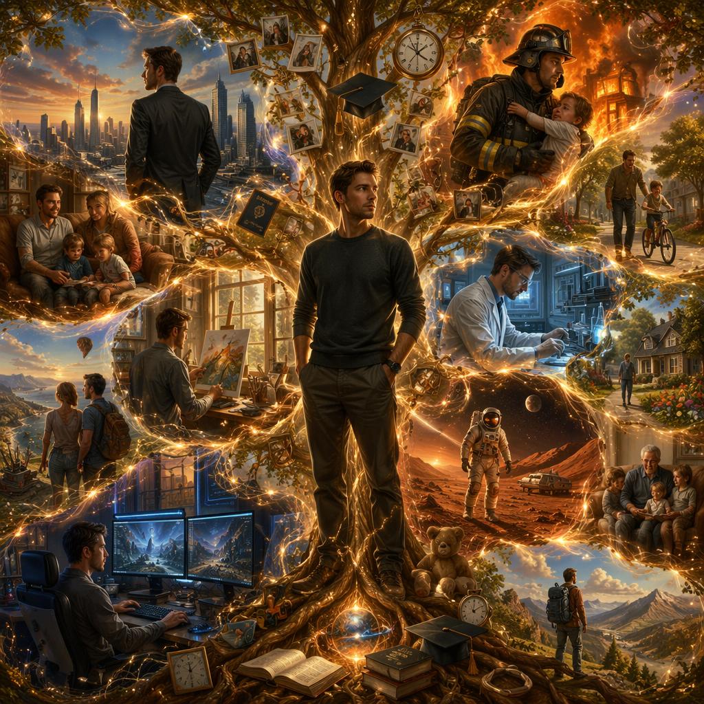 [Surreal fantasy illustration of a man standing before a glowing tree of life depicting diverse life milestones, careers, ...
