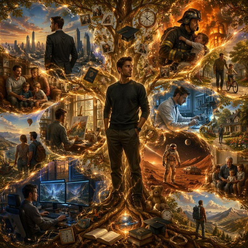 Surreal fantasy illustration of a man standing before a glowing tree of life depicting diverse li...