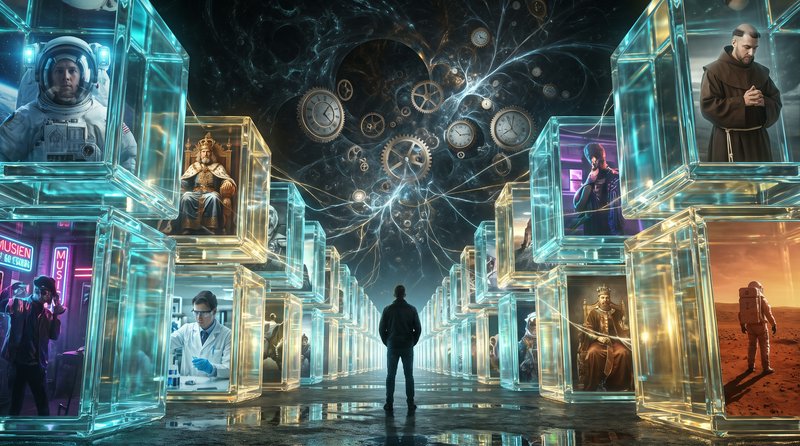 Surreal multiverse concept art of a man standing before glowing glass portals showing alternate l...