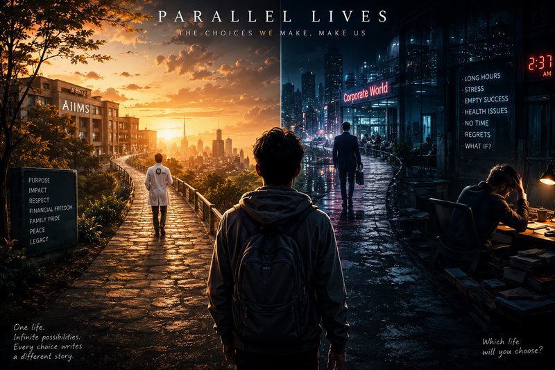 Split-screen "Parallel Lives" concept graphic of a student standing at a crossroads between two c...