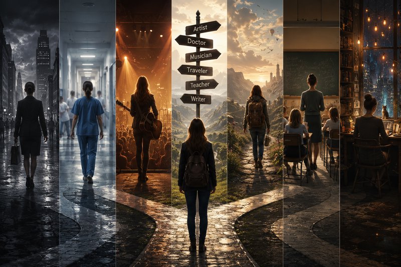 Conceptual crossroads illustration showing career path options, a person standing before a signpo...