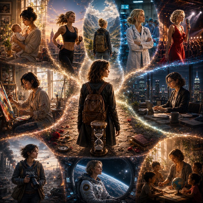 Surreal digital art of a woman surrounded by glowing portals showing alternate life paths, career...