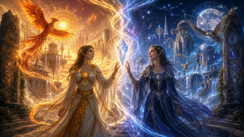 Sun and moon goddesses reach for a glowing magical crystal, flanked by phoenix and owl between fl...