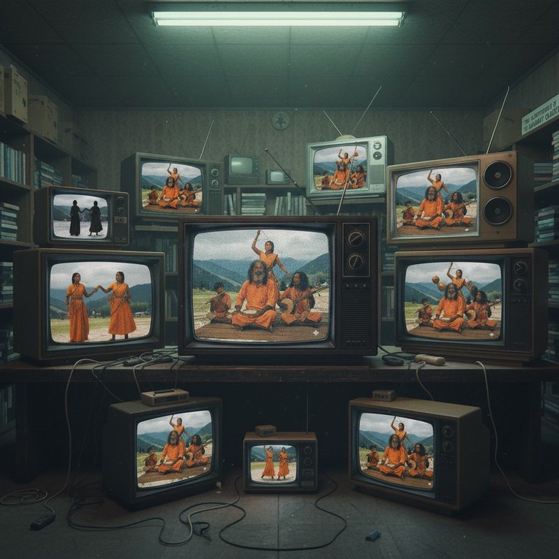 Surreal retro room filled with stacked vintage CRT televisions all displaying matching footage of...