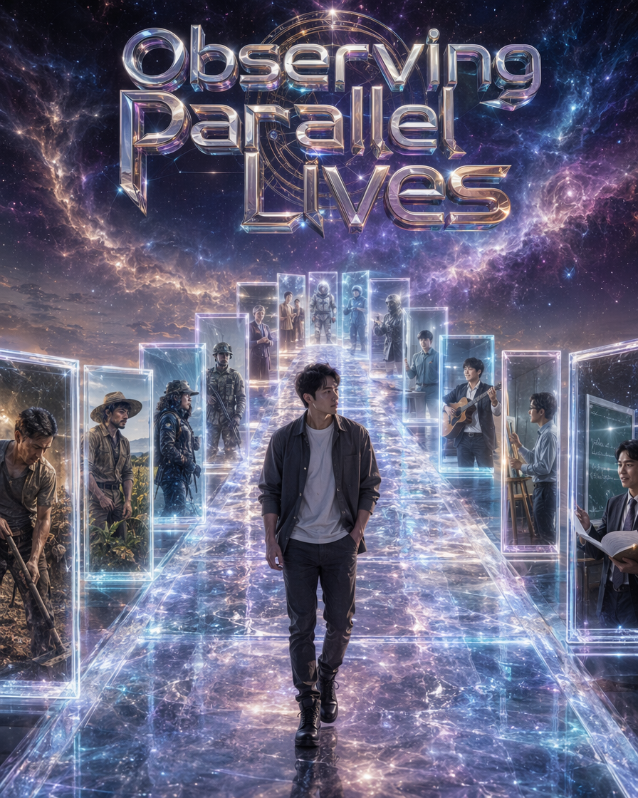 [Sci-fi poster of a man on a glowing cosmic path, viewing alternate self portals, with "Observing Parallel Lives" text ove...