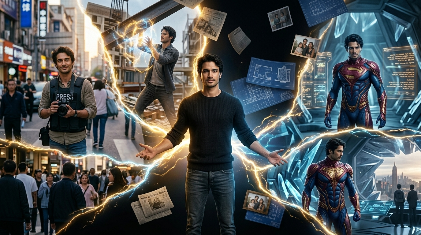 Surreal composite art showing a central man linked by glowing lightning to his alternate identities as a photojournalist a...