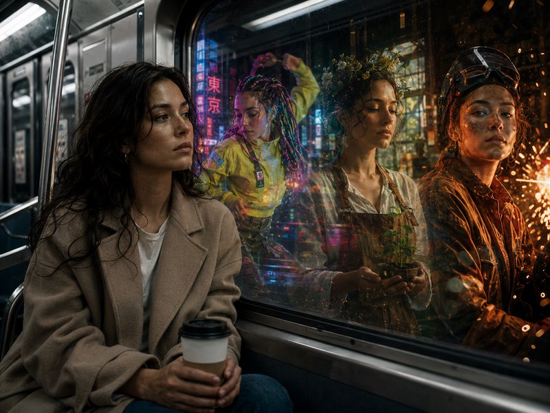 Pensive woman sits on a subway holding coffee, overlapping alternate versions of herself appear i...