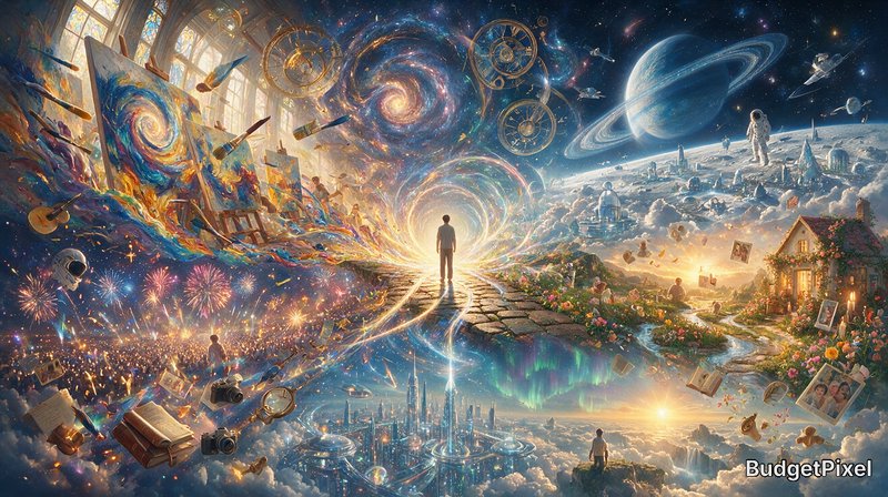 Surreal fantasy artwork of a man on a glowing path, standing before a cosmic portal surrounded by...