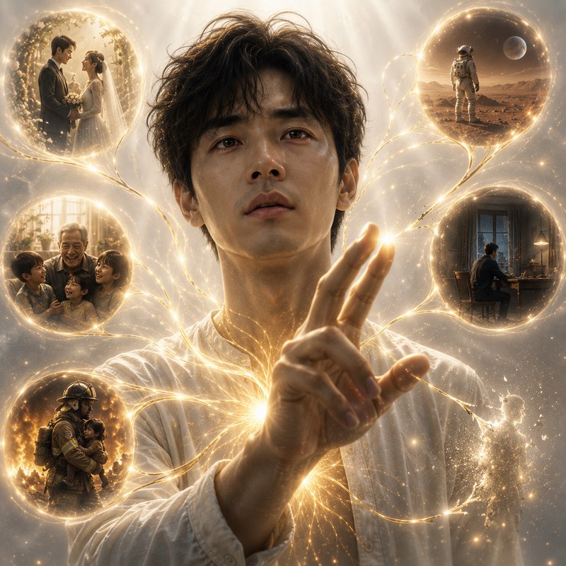 Pensive young man extends his hand, glowing golden thread portals display branching alternate lif...
