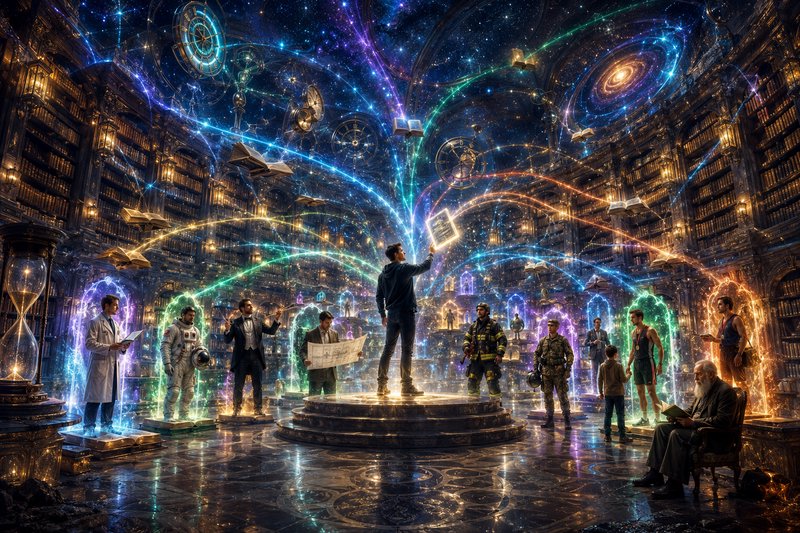 Surreal fantasy scene: central figure on a pedestal summons glowing light in a grand cosmic libra...