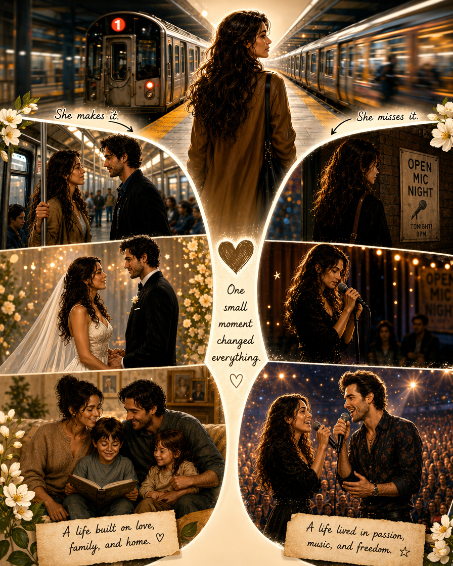 Split timeline collage showing two alternate life paths for a woman based on a single subway stop choice