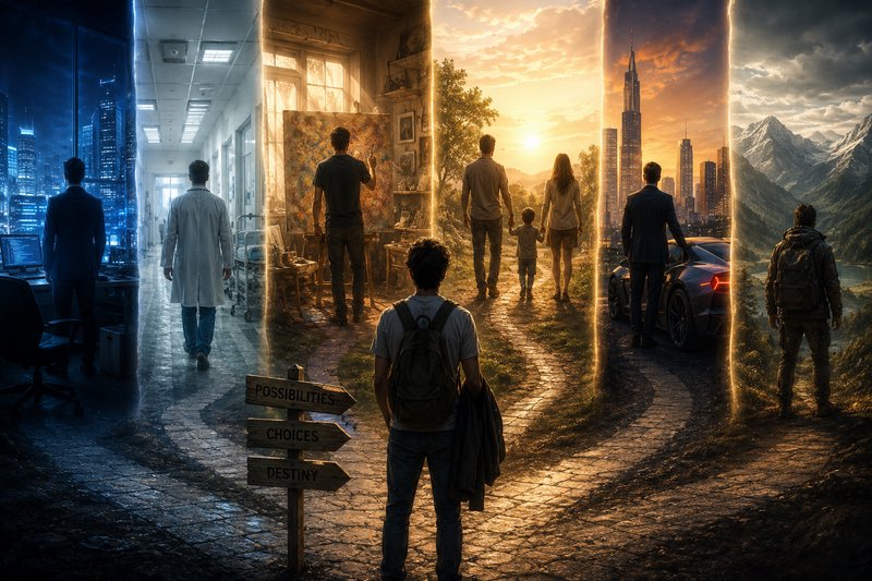Person at crossroads beside a "Possibilities, Choices, Destiny" sign facing glowing portals of al...