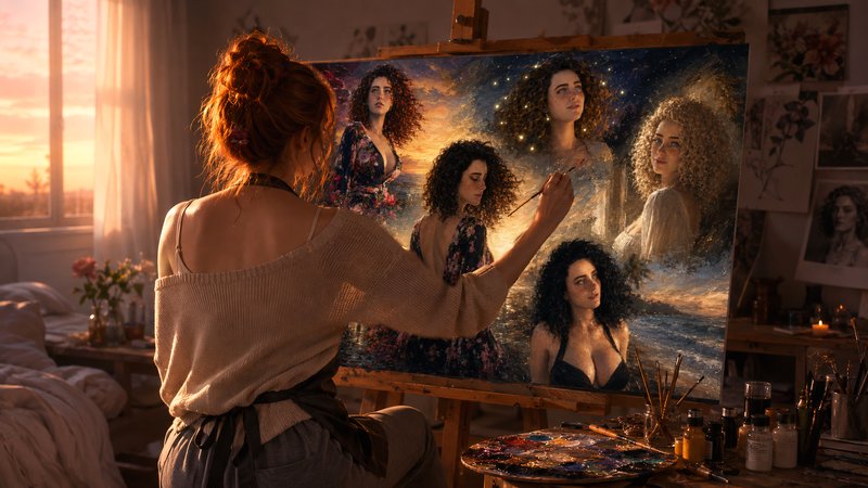 Red-haired female painter adds details to a multi-portrait canvas while working in a sunlit golde...
