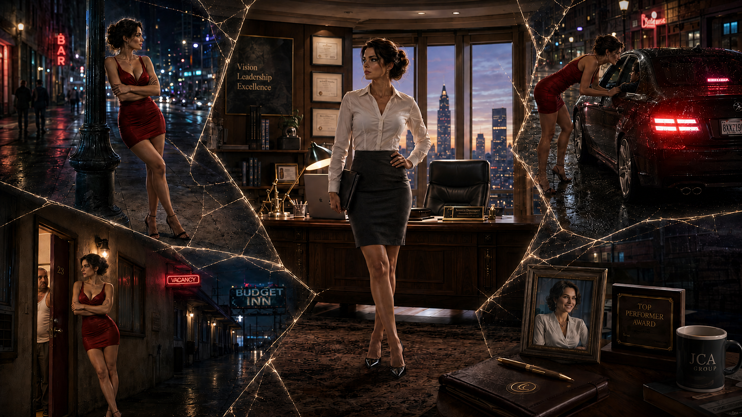 [Surreal composite portrait of an executive businesswoman, framed by shattered glass panels showing alternate versions of ...