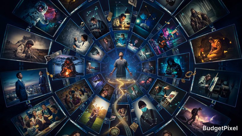 Surreal conceptual illustration of a central figure surrounded by floating frames depicting diver...
