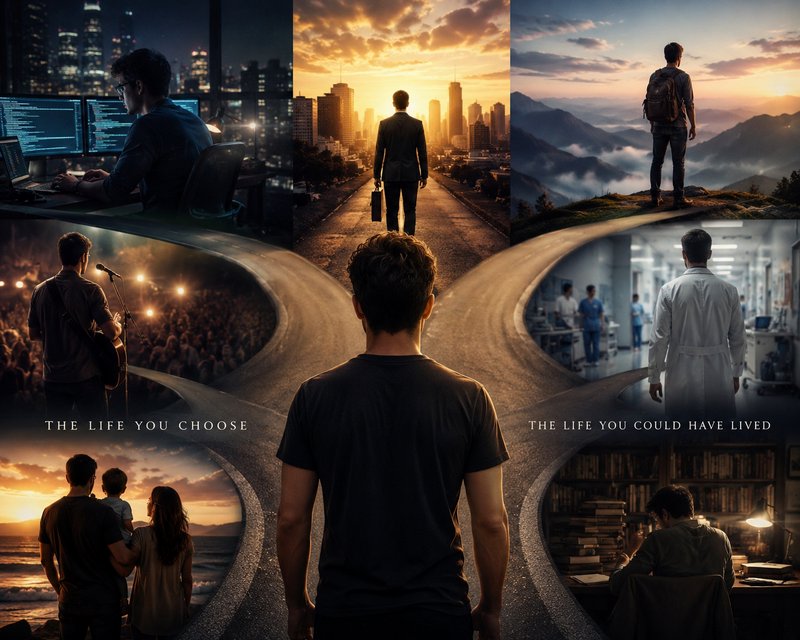 Surreal collage of a man at a crossroads viewing divergent possible life paths, contrasting chose...
