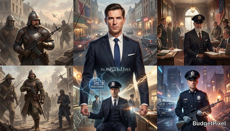 Surreal AI-generated collage blending medieval soldiers, modern politicians, police, and cross-er...