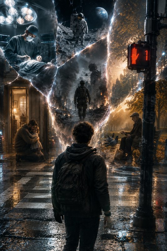 A man with a backpack stands on a wet crosswalk facing glowing rifts displaying parallel alternat...