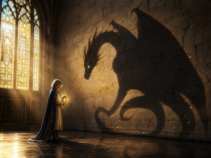Young royal holds a glowing dragon egg, casting a giant dragon silhouette on a stone castle wall ...