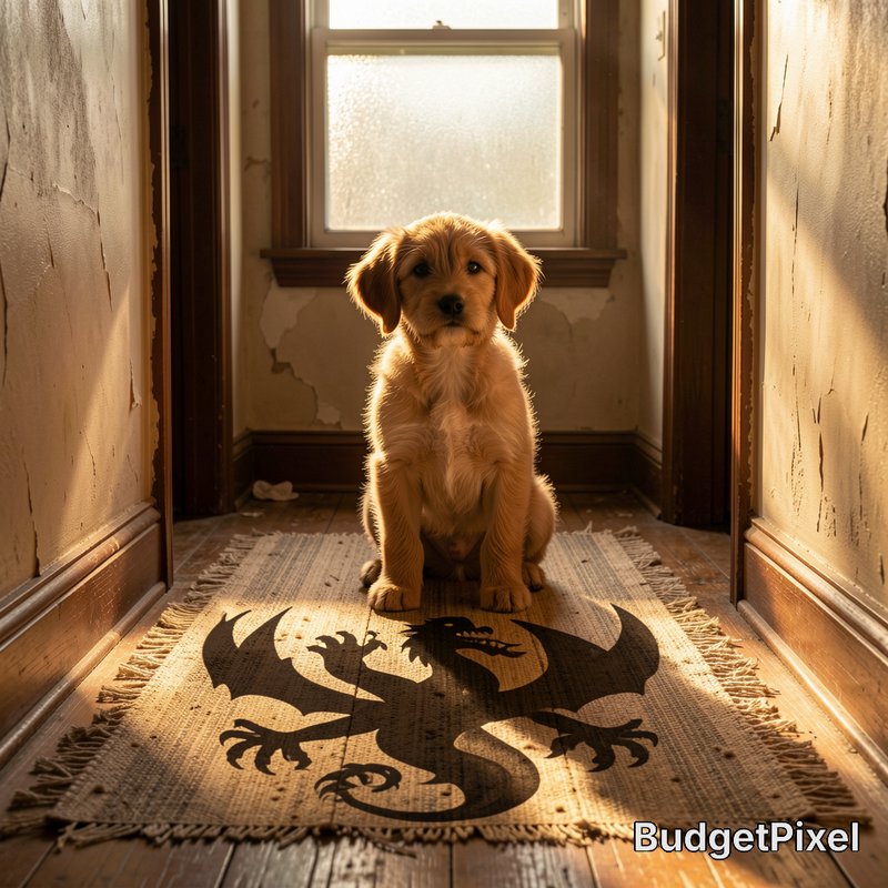 Adorable fluffy golden retriever puppy sits on a dragon print rug in a sunlit weathered home hallway
